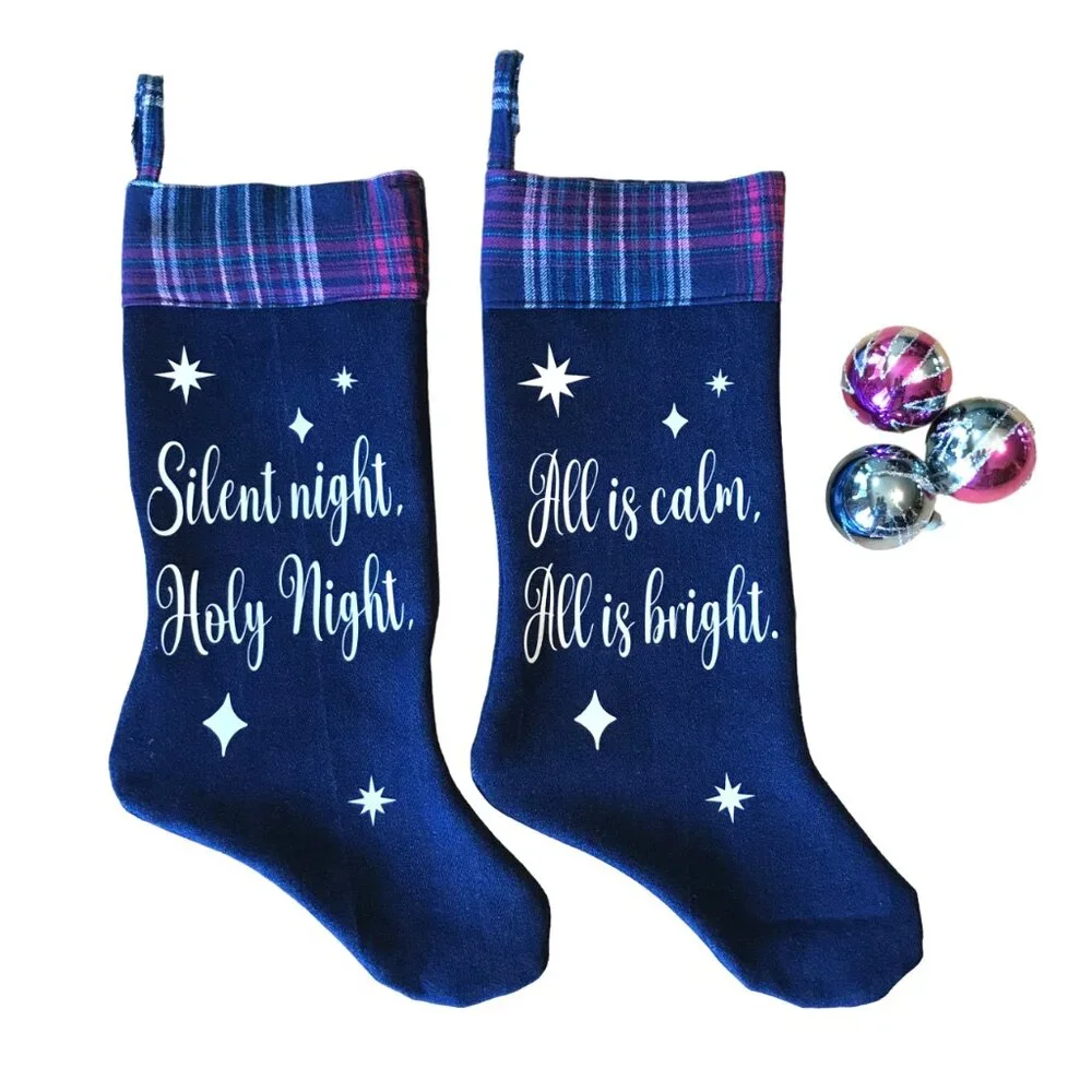 Denim Christmas Stocking, Old Fashioned Holiday Home Decor Silent Night Lyrics
